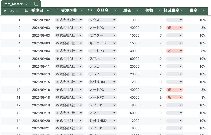 受注データ入力シートから請求管理表へ自動集計する流れ
