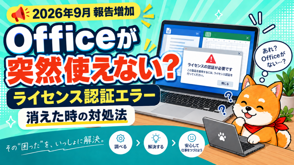 Officeが突然使えない・ライセンス認証エラーの対処法を示す、しんくん入りアイキャッチ