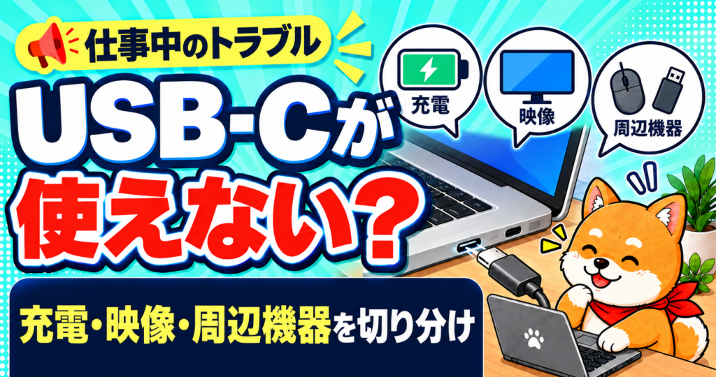 USB-Cが使えないときの確認順。充電・映像・周辺機器としんくんのイラスト